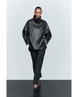 MASSIMO DUTTI High-Neck Nappa Leather Jacket - Gray