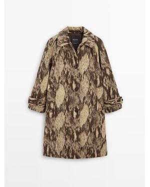 MASSIMO DUTTI Lange Jas Van Wolmix Met Slangenprint - Naturel