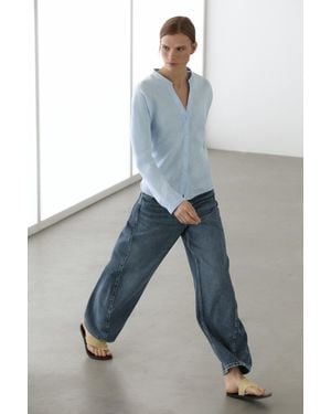 MASSIMO DUTTI 100% Linen Stand Collar Shirt - Blue