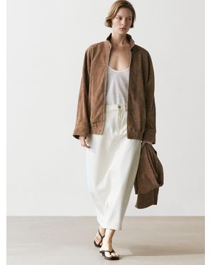 MASSIMO DUTTI Suede Leather Bomber Jacket With Scarf Detail - Brown