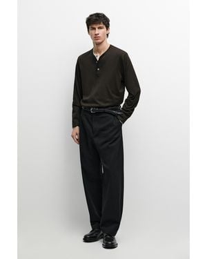 MASSIMO DUTTI 100% Cotton Long Sleeve Henley T-Shirt - Black