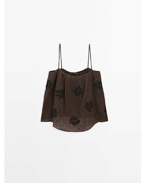 MASSIMO DUTTI Soepelvallende Top Met Structuur En Borduursel - Wit