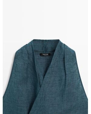 MASSIMO DUTTI 100% Linen Surplice Top With Tie Detail - Blue