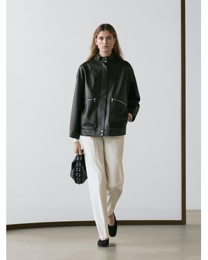 MASSIMO DUTTI Nappa Leather Jacket With Pocket Details - White