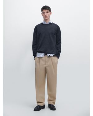 MASSIMO DUTTI Merino Wool Knit Round Neck Jumper - Blue