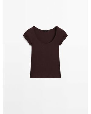 MASSIMO DUTTI Katoenen T-Shirt Met Kanten Afwerking - Paars