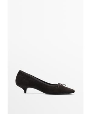 MASSIMO DUTTI Leather Kitten Heel Ballerina Flats - Black