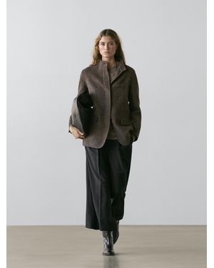 MASSIMO DUTTI Wool Blend Twill Coat With High Collar - Brown