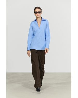 MASSIMO DUTTI V-Neck Cotton Poplin Blouse - Blue