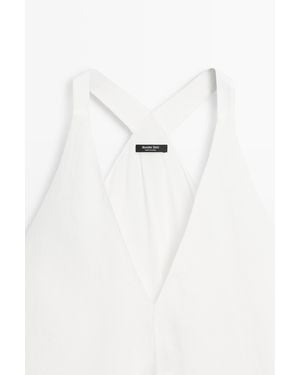 MASSIMO DUTTI Linen Blend Midi Dress With Contrast Lines - White