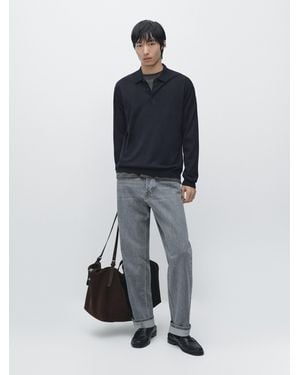 MASSIMO DUTTI 100% Wool Knit Jumper With Polo Collar - Blue
