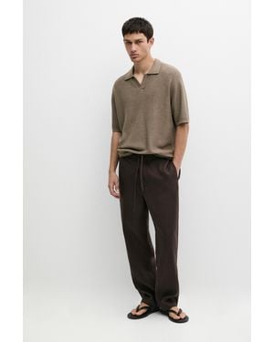 MASSIMO DUTTI Cotton Blend Knit V-Neck Polo Shirt - Brown