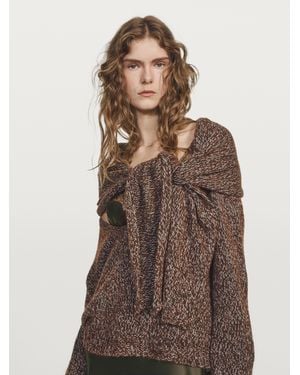 MASSIMO DUTTI V-Neck Knit Sweater With Scarf - Brown