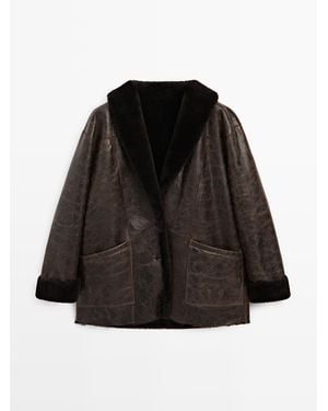 MASSIMO DUTTI Mouton Leren Jas Met Craquelé Afwerking - Zwart