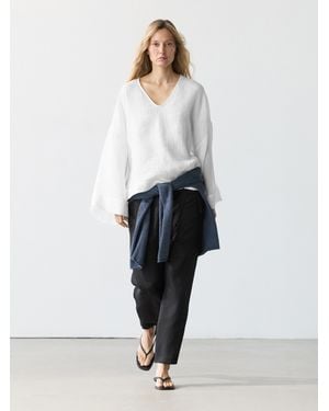 MASSIMO DUTTI 100% Linen Waffle-Knit Flowing Blouse - White