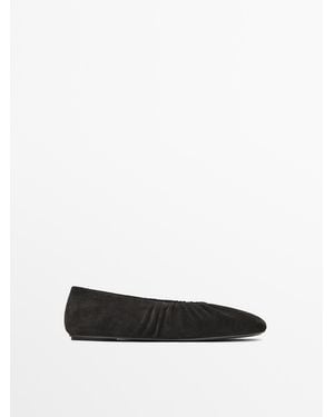 MASSIMO DUTTI Gathered Split Leather Ballet Flats - White