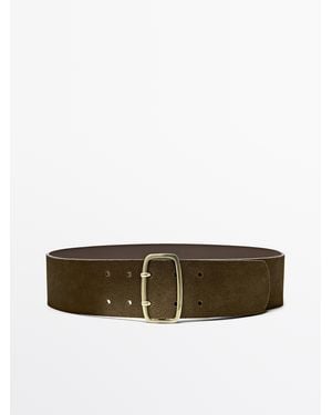 MASSIMO DUTTI Split Suede Leather Belt With Rectangular Buckle - Natural
