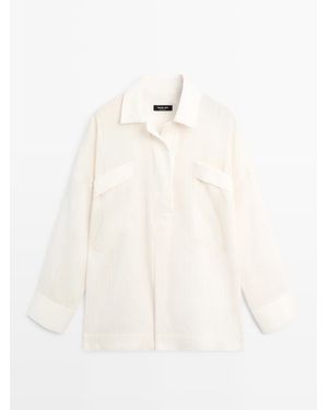 MASSIMO DUTTI Soepelvallende Blouse Met Split Van Linnen En Katoen - Naturel