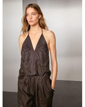 MASSIMO DUTTI Linen Blend Embroidered Balloon Fit Trousers - Brown