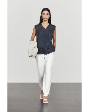 MASSIMO DUTTI 100% Linen Button-Detail Crossover Top - Blue