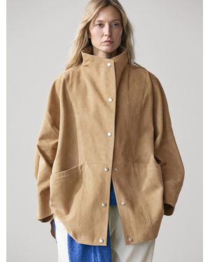 MASSIMO DUTTI Suede Leather Cape With Button Details - Natural