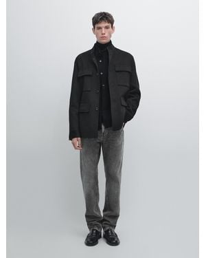 MASSIMO DUTTI Double Wool Blend Jacket With Stand Collar - Black