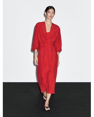 MASSIMO DUTTI Vestido Midi Escote Nudo - Rojo