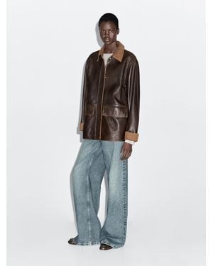 MASSIMO DUTTI Nappa Leather Parka With Corduroy Detail - Blue