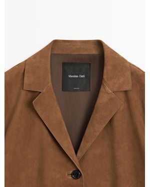 MASSIMO DUTTI Suede Leather Lapel Blazer - Brown