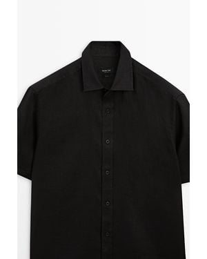 MASSIMO DUTTI Regular Fit 100% Linen Short Sleeve Shirt - Black