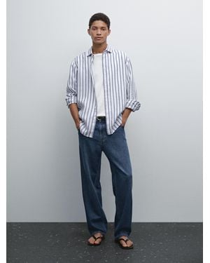MASSIMO DUTTI Regular Fit Striped Linen Shirt - Blue