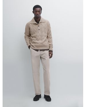 MASSIMO DUTTI Wool Braided Knit Polo Jumper - White