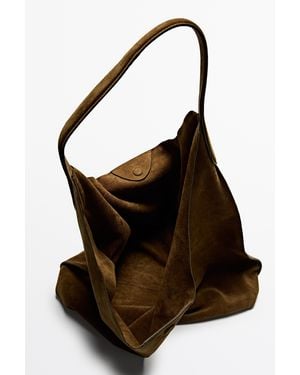 MASSIMO DUTTI Oversized Split Suede Leather Shoulder Bag - Black