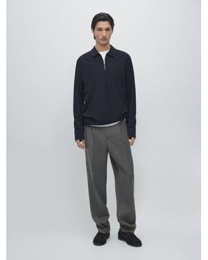 MASSIMO DUTTI Long Sleeve Zip-Up Polo Shirt - Blue