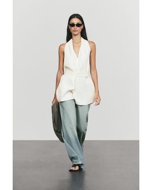 MASSIMO DUTTI Flowing Linen Blend Vest With Belt Detail - White