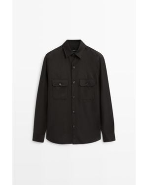 MASSIMO DUTTI 100% Wool Overshirt With Pockets - Black