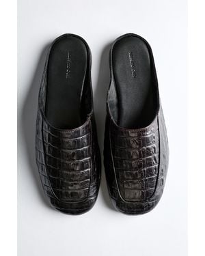 MASSIMO DUTTI Crocodile-Embossed Leather Mule - Black