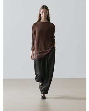 MASSIMO DUTTI Long-Sleeved T-Shirt With Lace Detail - Brown