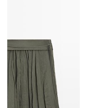 MASSIMO DUTTI Midi Skirt With Gathered Detail And Ramie - Green
