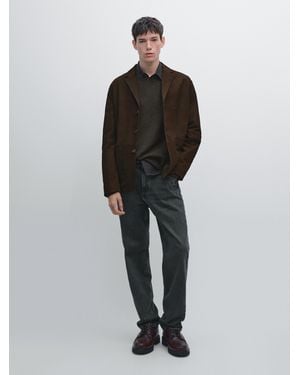 MASSIMO DUTTI Nubuck Leather Blazer - Brown