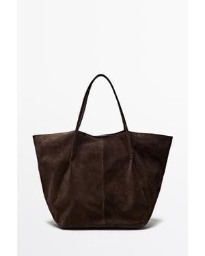 MASSIMO DUTTI Split Suede Leather Tote Bag - Brown