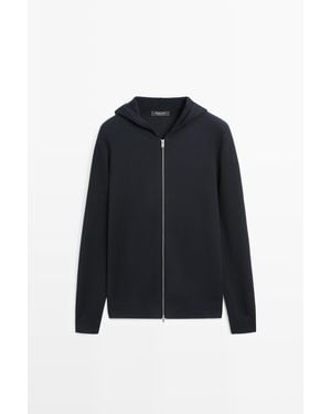 MASSIMO DUTTI 100% Cotton Hooded Knit Cardigan - Blue