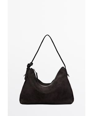 MASSIMO DUTTI Medium Split Suede Leather Shoulder Bag - Black