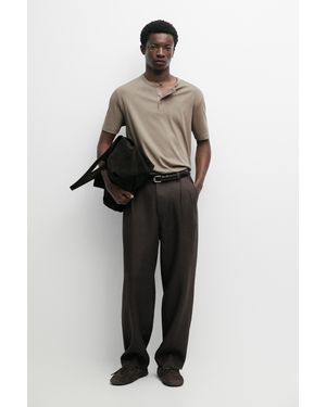 MASSIMO DUTTI 100% Cotton Henley T-Shirt - Brown