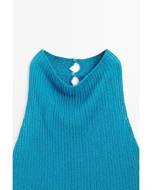 MASSIMO DUTTI Linen-Blend Knit Top With Button Detail - Blue