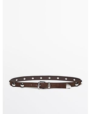 MASSIMO DUTTI Split Suede Leather Studded Belt - White