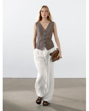MASSIMO DUTTI Flecked Linen Waistcoat With Tie Detail - White