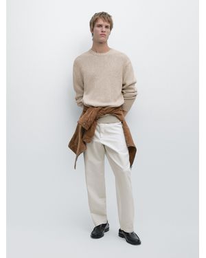MASSIMO DUTTI Tapered Fit Cotton Linen Trousers - White