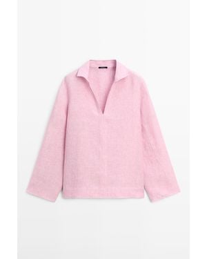 MASSIMO DUTTI 100% Linnen Blouse Met Revers En V-Hals - Roze