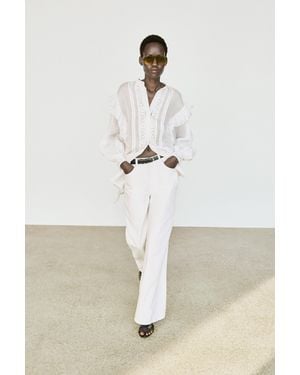 MASSIMO DUTTI Stand Collar Blouse With Embroidery And Ruffles - White
